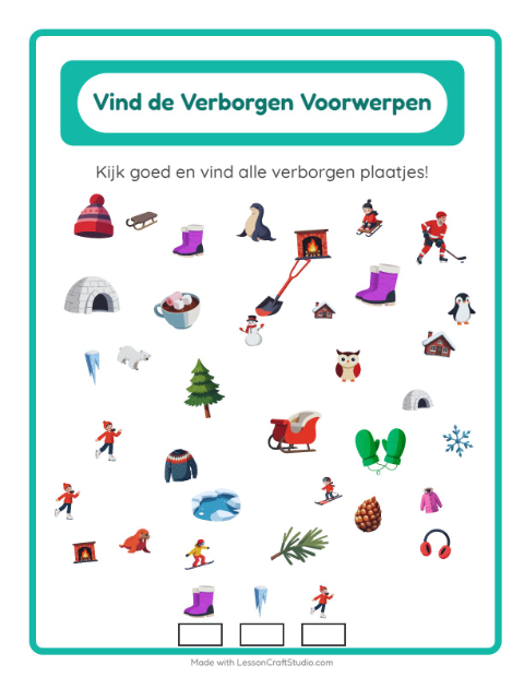 Voorbeeld van het Objecten Zoeken-werkblad met Winter voor kleuterklas