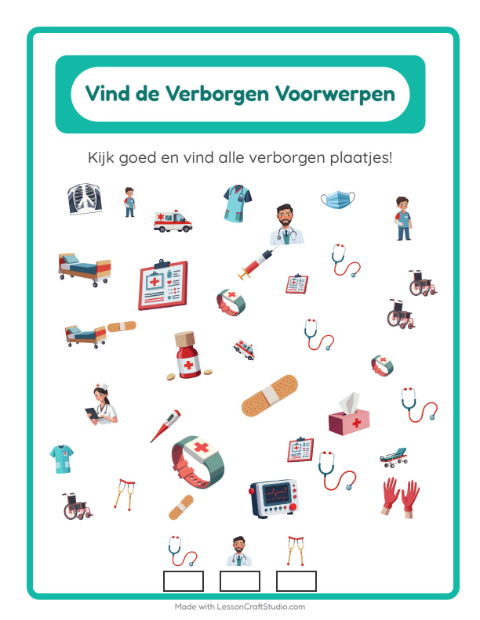 Voorbeeld van het Objecten Zoeken-werkblad met Ziekenhuis voor kleuterklas