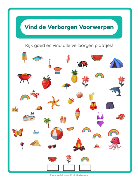 Voorbeeld van het Objecten Zoeken-werkblad met Zomer voor kleuterklas