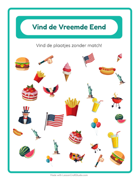 Voorbeeld van het Objecten Zoeken-werkblad met 4 juli voor kleuterklas