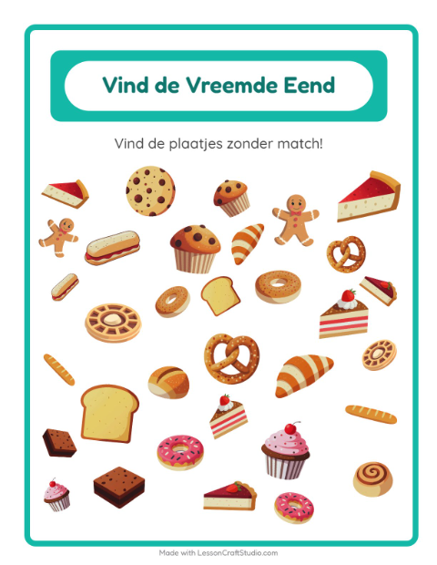 Voorbeeld van het Objecten Zoeken-werkblad met Bakkerij voor kleuterklas