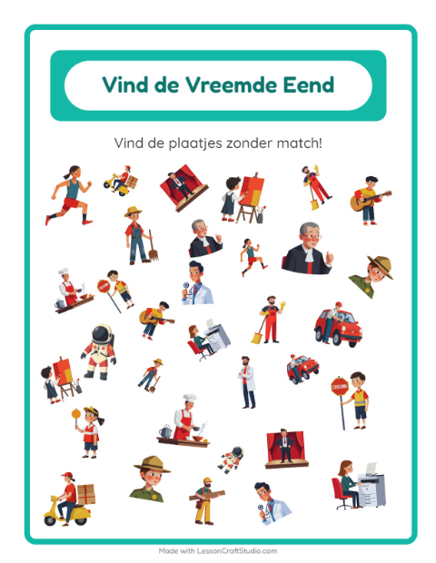 Voorbeeld van het Objecten Zoeken-werkblad met Beroepen voor kleuterklas