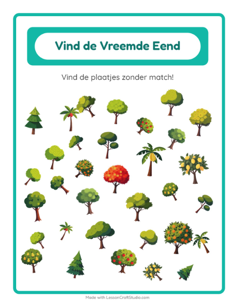 Voorbeeld van het Objecten Zoeken-werkblad met Bomen voor kleuterklas