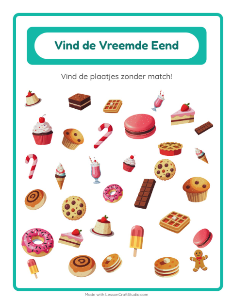 Voorbeeld van het Objecten Zoeken-werkblad met Desserts en snoep voor kleuterklas