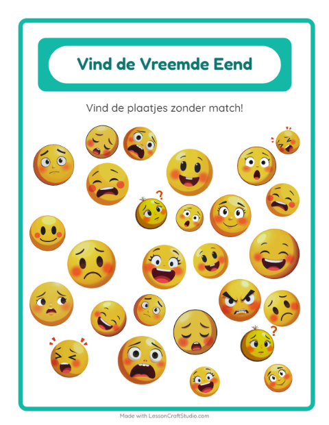 Voorbeeld van het Objecten Zoeken-werkblad met Emoties voor kleuterklas