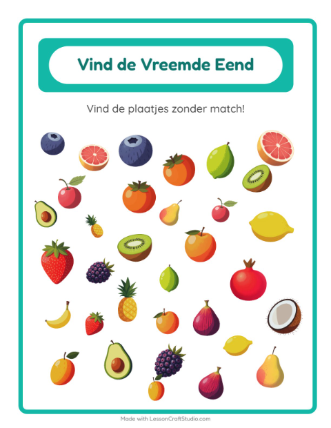 Voorbeeld van het Objecten Zoeken-werkblad met Fruit voor kleuterklas