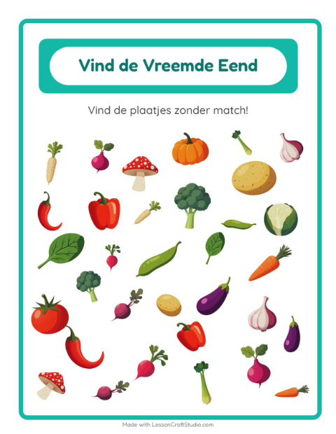 Voorbeeld van het Objecten Zoeken-werkblad met Groenten voor kleuterklas