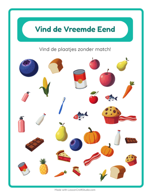 Voorbeeld van het Objecten Zoeken-werkblad met In de supermarkt voor kleuterklas