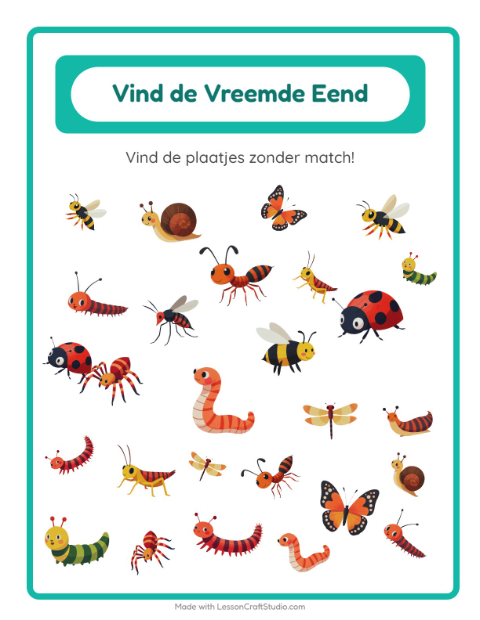 Voorbeeld van het Objecten Zoeken-werkblad met Insecten en beestjes voor kleuterklas