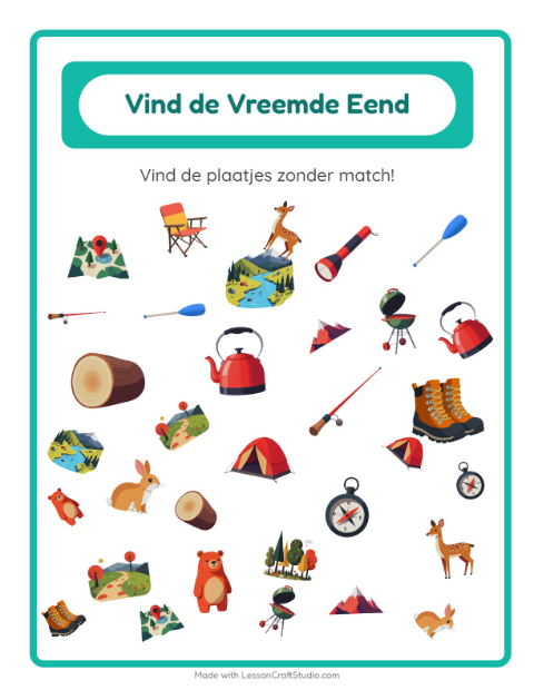 Voorbeeld van het Objecten Zoeken-werkblad met Kamperen voor kleuterklas