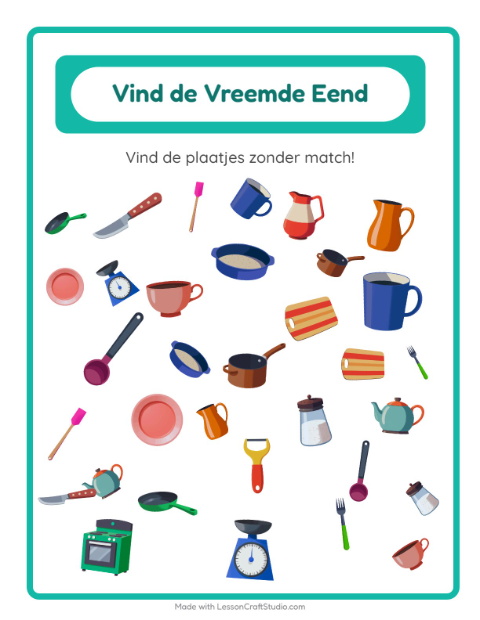 Voorbeeld van Welke hoort er niet bij – speur keukenspullen in de plaat – werkblad voor kleuters