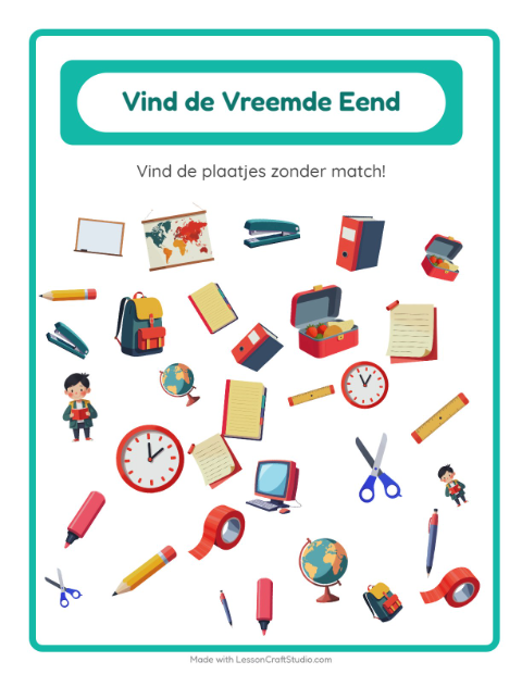 Voorbeeld van het Objecten Zoeken-werkblad met Klaslokaal voor kleuterklas