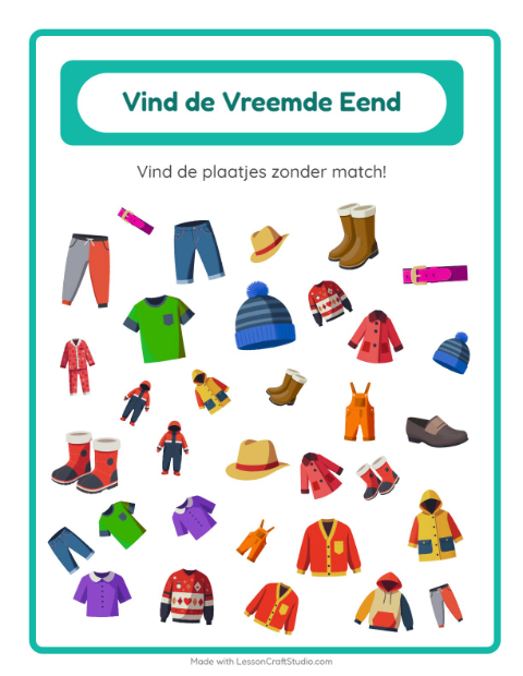 Voorbeeld van het Objecten Zoeken-werkblad met Kleding voor kleuterklas