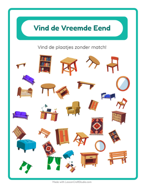 Voorbeeld van het Objecten Zoeken-werkblad met Meubels voor kleuterklas
