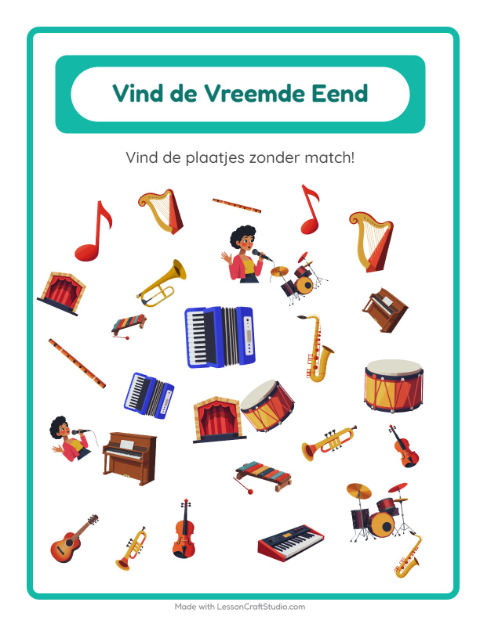 Voorbeeld van het Objecten Zoeken-werkblad met Muziek voor kleuterklas