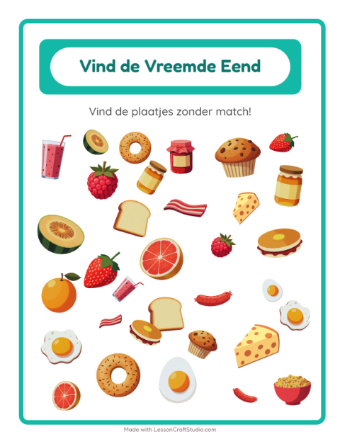 Voorbeeld van het Objecten Zoeken-werkblad met Ontbijt voor kleuterklas