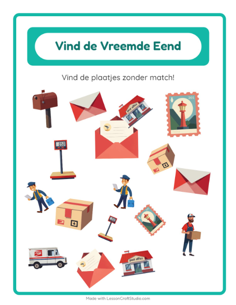 Voorbeeld van het Objecten Zoeken-werkblad met Postkantoor voor kleuterklas