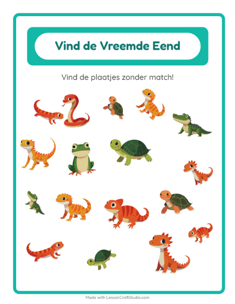 Voorbeeld van het Objecten Zoeken-werkblad met Reptielen en amfibieën voor kleuterklas
