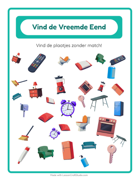 Voorbeeld van het Objecten Zoeken-werkblad met Rond het huis voor kleuterklas