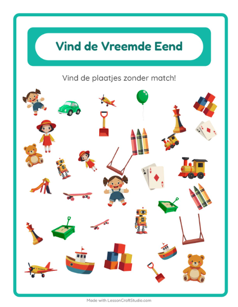 Voorbeeld van Welke hoort er niet bij – speur speelgoedjes in de plaat – werkblad voor kleuters