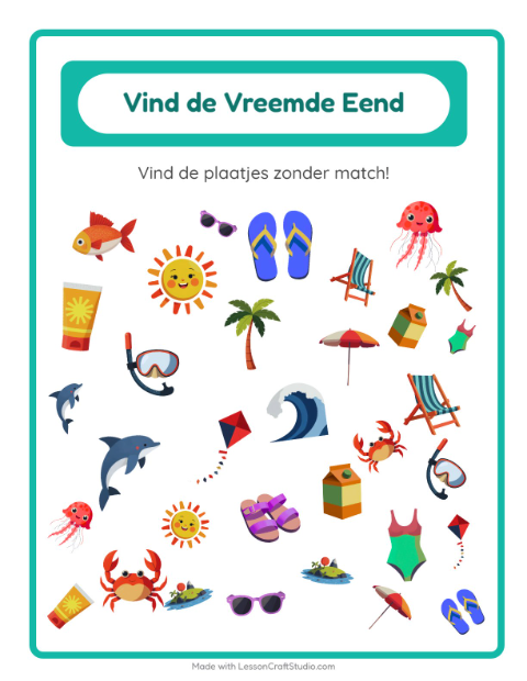 Voorbeeld van het Objecten Zoeken-werkblad met Strand voor kleuterklas