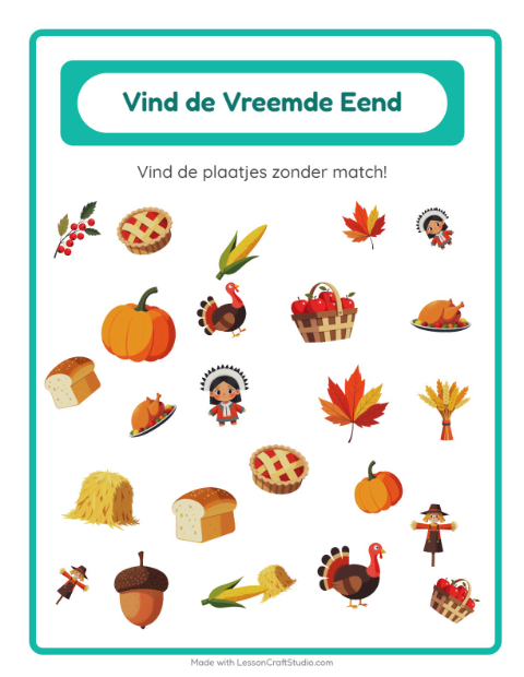Voorbeeld van het Objecten Zoeken-werkblad met Thanksgiving voor kleuterklas