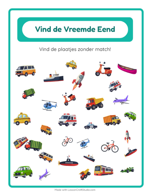 Voorbeeld van het Objecten Zoeken-werkblad met Voertuigen voor kleuterklas