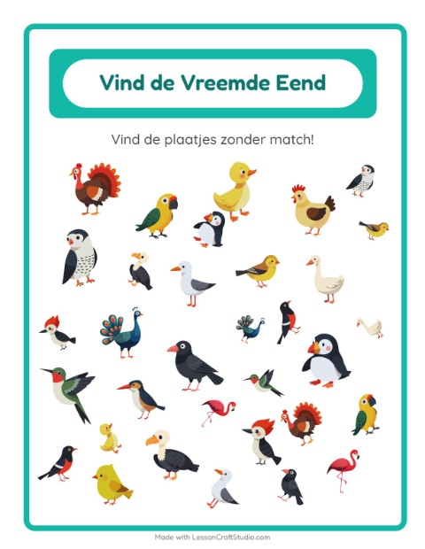 Voorbeeld van het Objecten Zoeken-werkblad met Vogels 2 voor kleuterklas