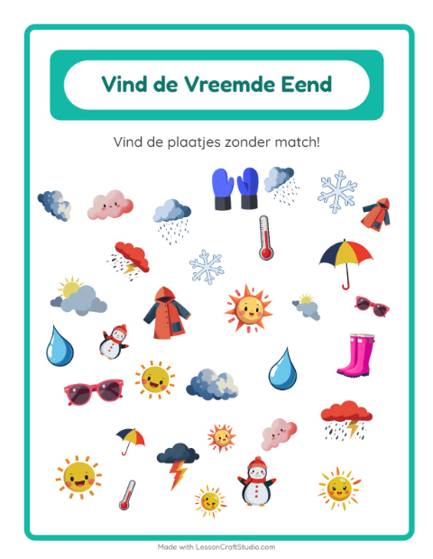 Voorbeeld van het Objecten Zoeken-werkblad met Weer voor kleuterklas