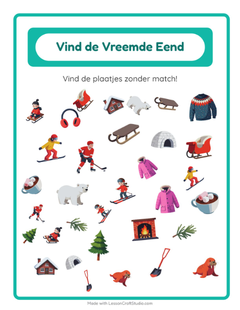 Voorbeeld van het Objecten Zoeken-werkblad met Winter voor kleuterklas