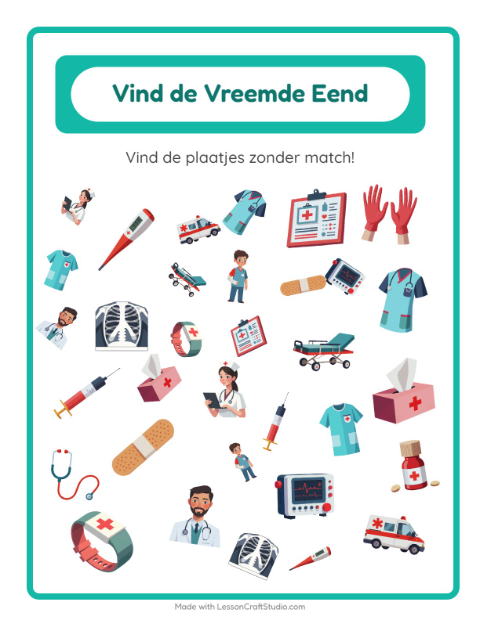 Voorbeeld van het Objecten Zoeken-werkblad met Ziekenhuis voor kleuterklas