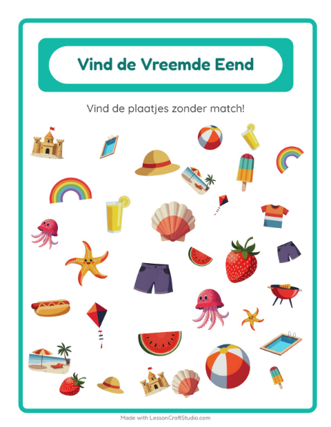 Voorbeeld van het Objecten Zoeken-werkblad met Zomer voor kleuterklas