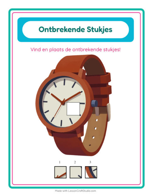 Voorbeeld van het Ontbrekende Stukken-werkblad met Accessoires voor kleuterklas