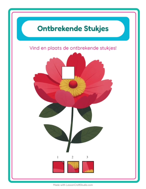 Voorbeeld van het Ontbrekende Stukken-werkblad met Bloemen voor kleuterklas