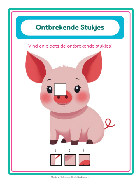 Voorbeeld van het Ontbrekende Stukken-werkblad met Boerderijdieren voor kleuterklas
