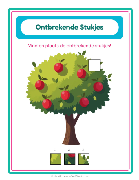Voorbeeld van het Ontbrekende Stukken-werkblad met Bomen voor kleuterklas