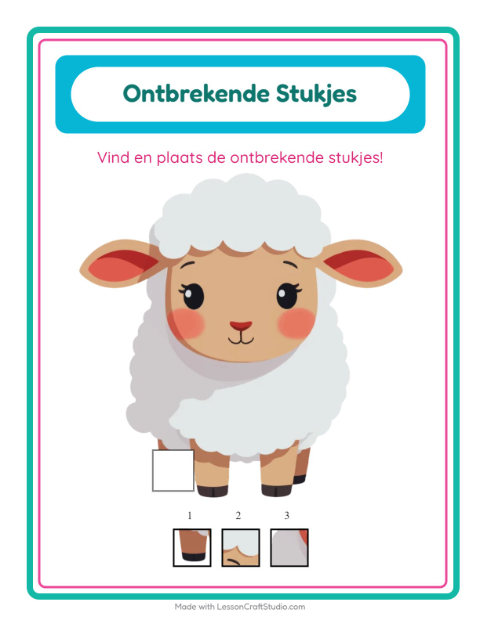 Voorbeeld van het Ontbrekende Stukken-werkblad met Dieren voor kleuterklas