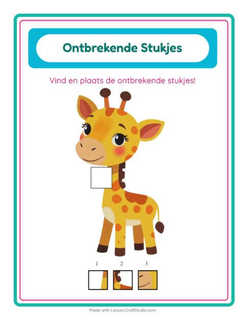 Voorbeeld van Zoek het ontbrekende stuk bij dieren – werkblad voor kleuters