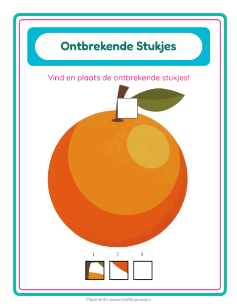 Voorbeeld van het Ontbrekende Stukken-werkblad met Fruit voor kleuterklas