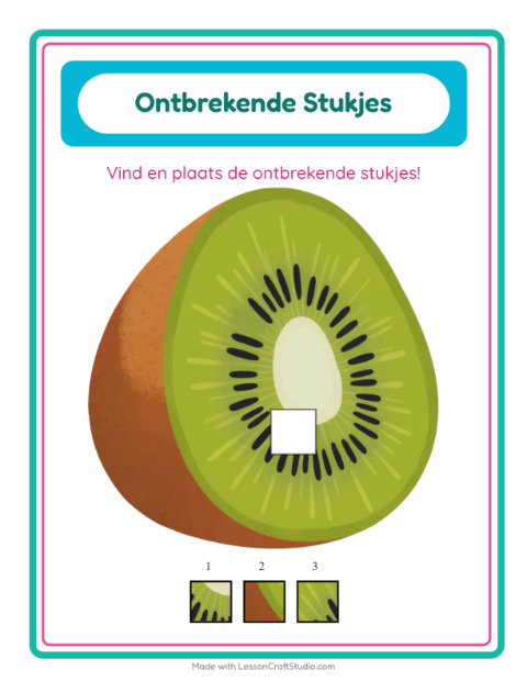 Voorbeeld van het Ontbrekende Stukken-werkblad met In de supermarkt voor kleuterklas