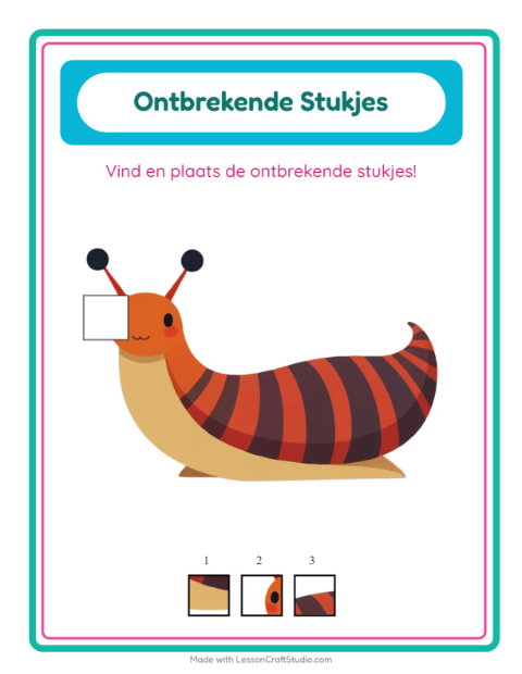 Voorbeeld van het Ontbrekende Stukken-werkblad met Insecten en beestjes voor kleuterklas