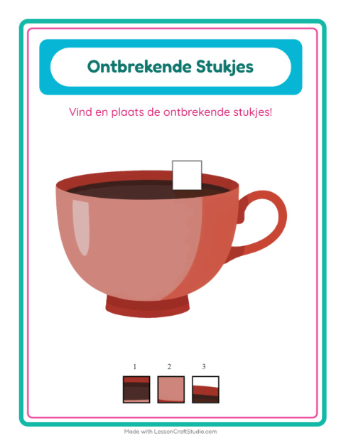 Voorbeeld van Zoek het ontbrekende stuk bij keukenspullen – werkblad voor kleuters