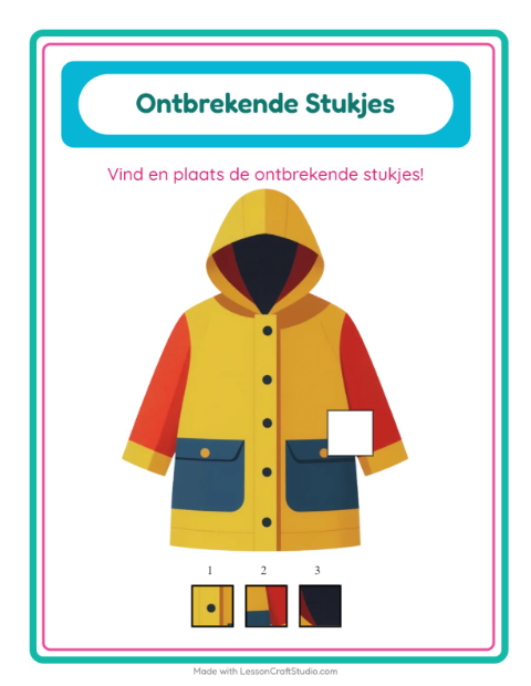 Voorbeeld van het Ontbrekende Stukken-werkblad met Kleding voor kleuterklas