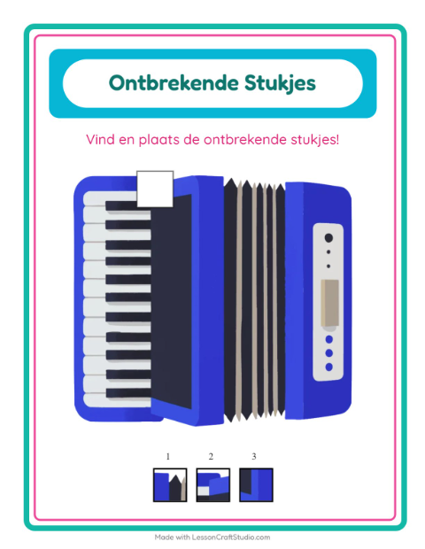 Voorbeeld van het Ontbrekende Stukken-werkblad met Muziek voor kleuterklas