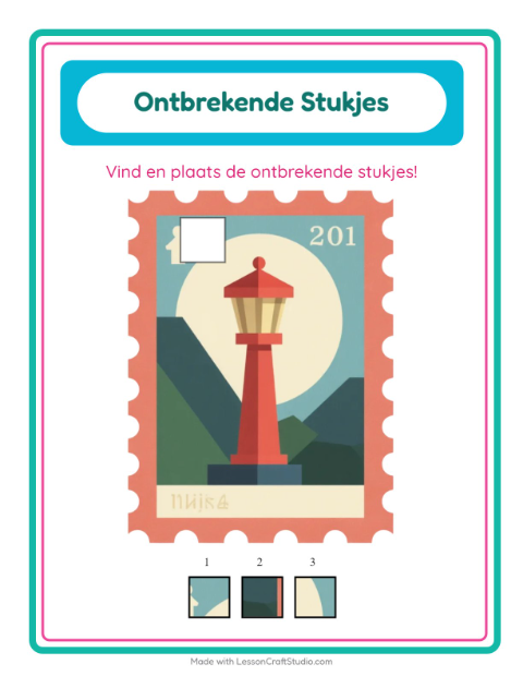 Voorbeeld van het Ontbrekende Stukken-werkblad met Postkantoor voor kleuterklas