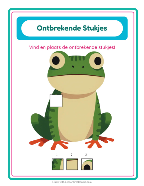 Voorbeeld van het Ontbrekende Stukken-werkblad met Reptielen en amfibieën voor kleuterklas