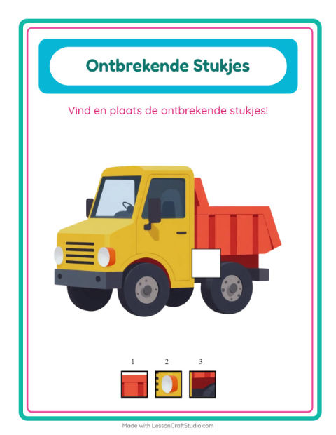 Voorbeeld van Zoek het ontbrekende stuk bij speelgoedjes – werkblad voor kleuters