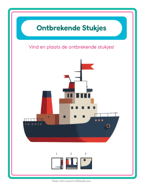 Voorbeeld van het Ontbrekende Stukken-werkblad met Voertuigen voor kleuterklas
