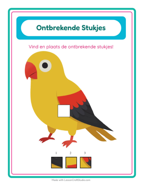 Voorbeeld van het Ontbrekende Stukken-werkblad met Vogels voor kleuterklas