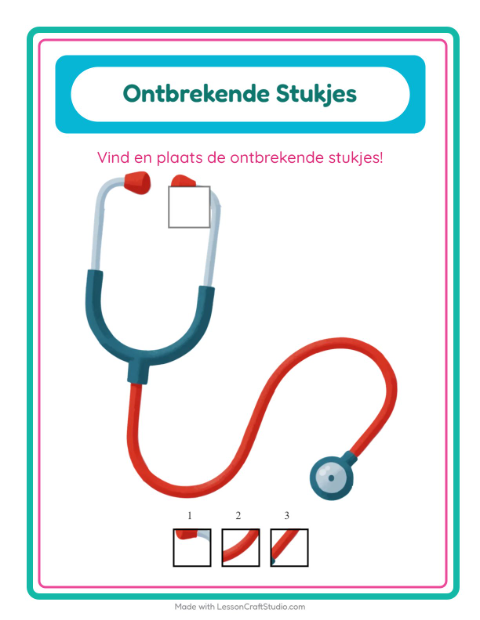 Voorbeeld van het Ontbrekende Stukken-werkblad met Ziekenhuis voor kleuterklas